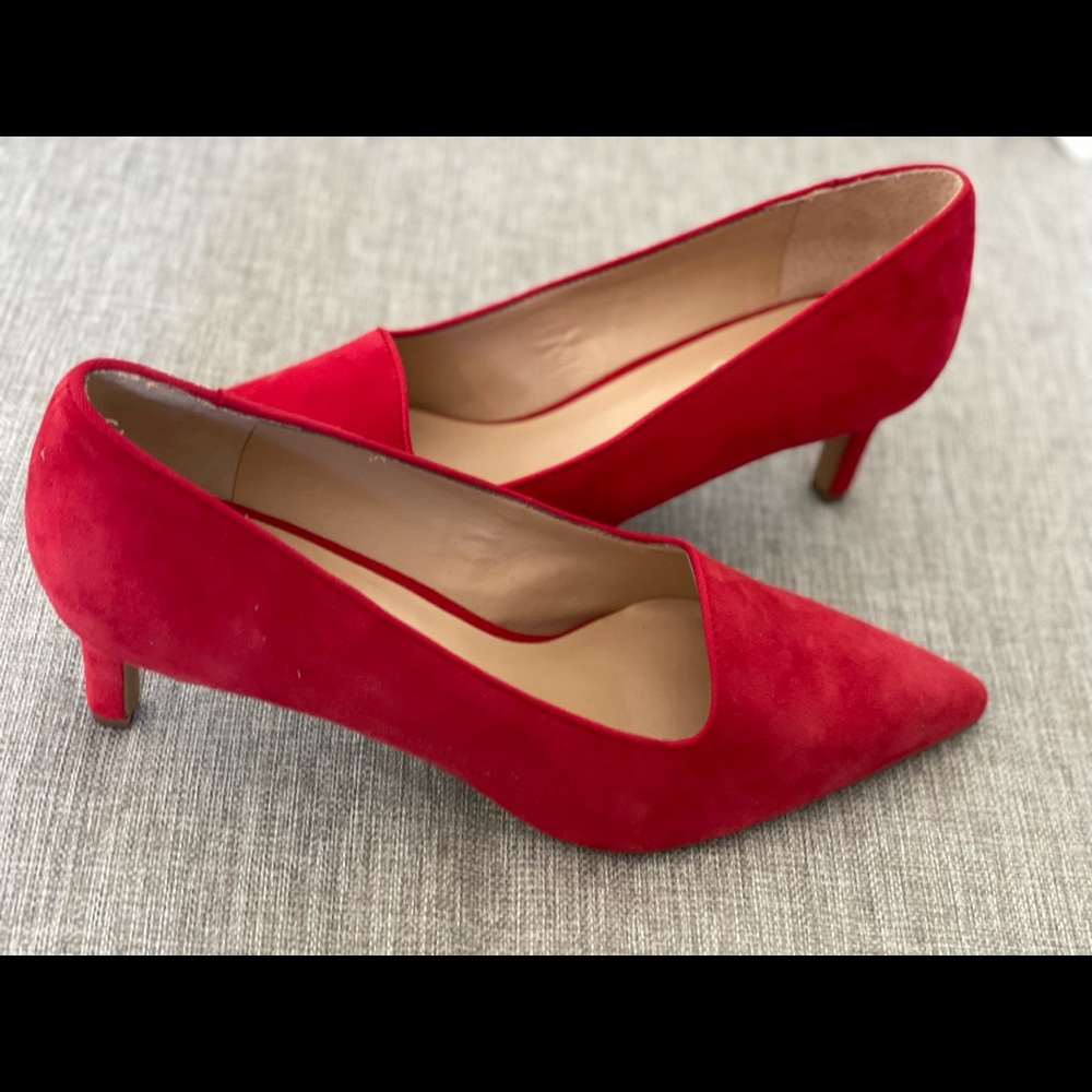 Red velvet low heel Franco Sarto pumps. Perfect for holiday season. Never worn